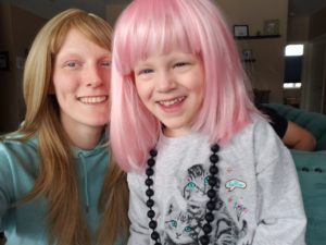 Addison made a fun, pink wig for her daughter who has Clouston syndrome.