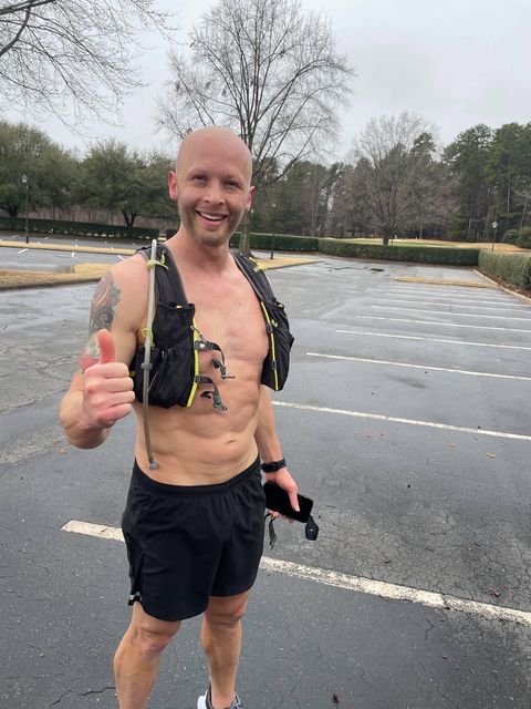 Adam wearing his hydration pack.