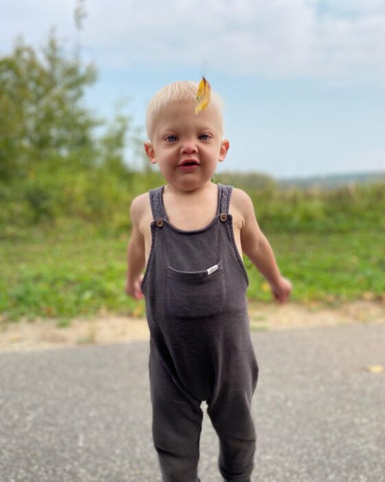 A toddler boy is outside wearing gray overalls. He's on a road with greenery in the background. One falling leaf is by  his face.