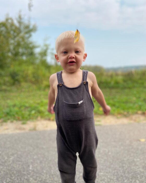 A toddler boy is outside wearing gray overalls. He's on a road with greenery in the background. One falling leaf is by his face.