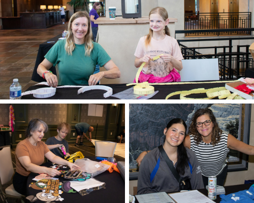 Volunteers prep raffle tickets, sort photo props and sell promotional items at the conference.