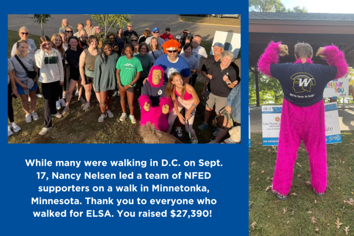 A group of people who walked for NFED in Minnetonka took a group photo. The second photo is the back of a man in a hot pink gorilla suit and he's pointing to his back. 